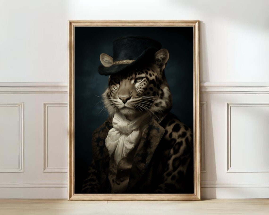 Victorian Leopard Gentleman Portrait In Top Hat Dark Academia Poster