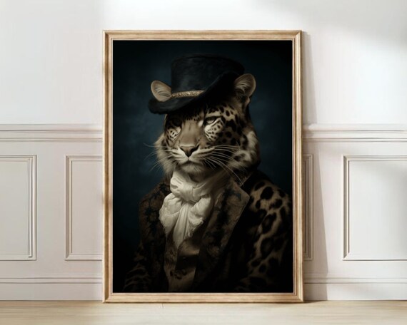 Victorian Leopard Gentleman Portrait In Top Hat Dark Academia Poster