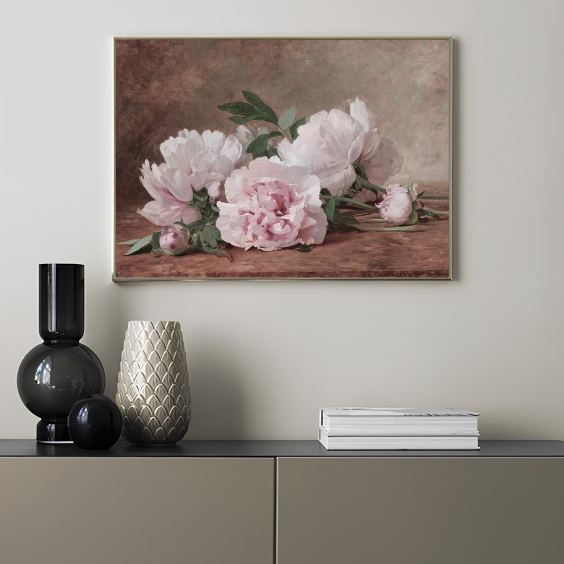 Moody Pink Peonies Painting Vintage Flower Print Dark Floral Print Vintage Roses Print Still Life Farmhouse Decor - Image 3