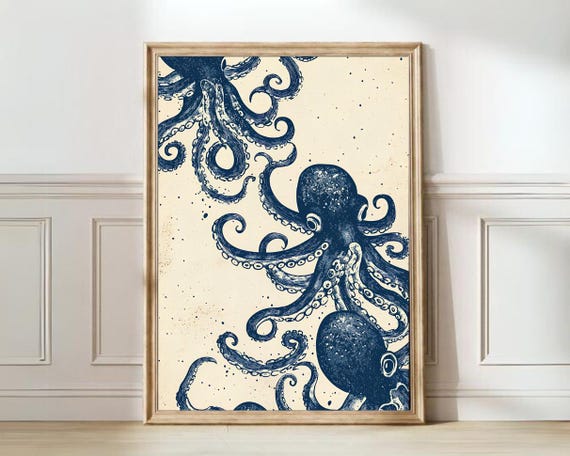Octopus Linocut Vintage Poster, Eclectic Kitchen Decor