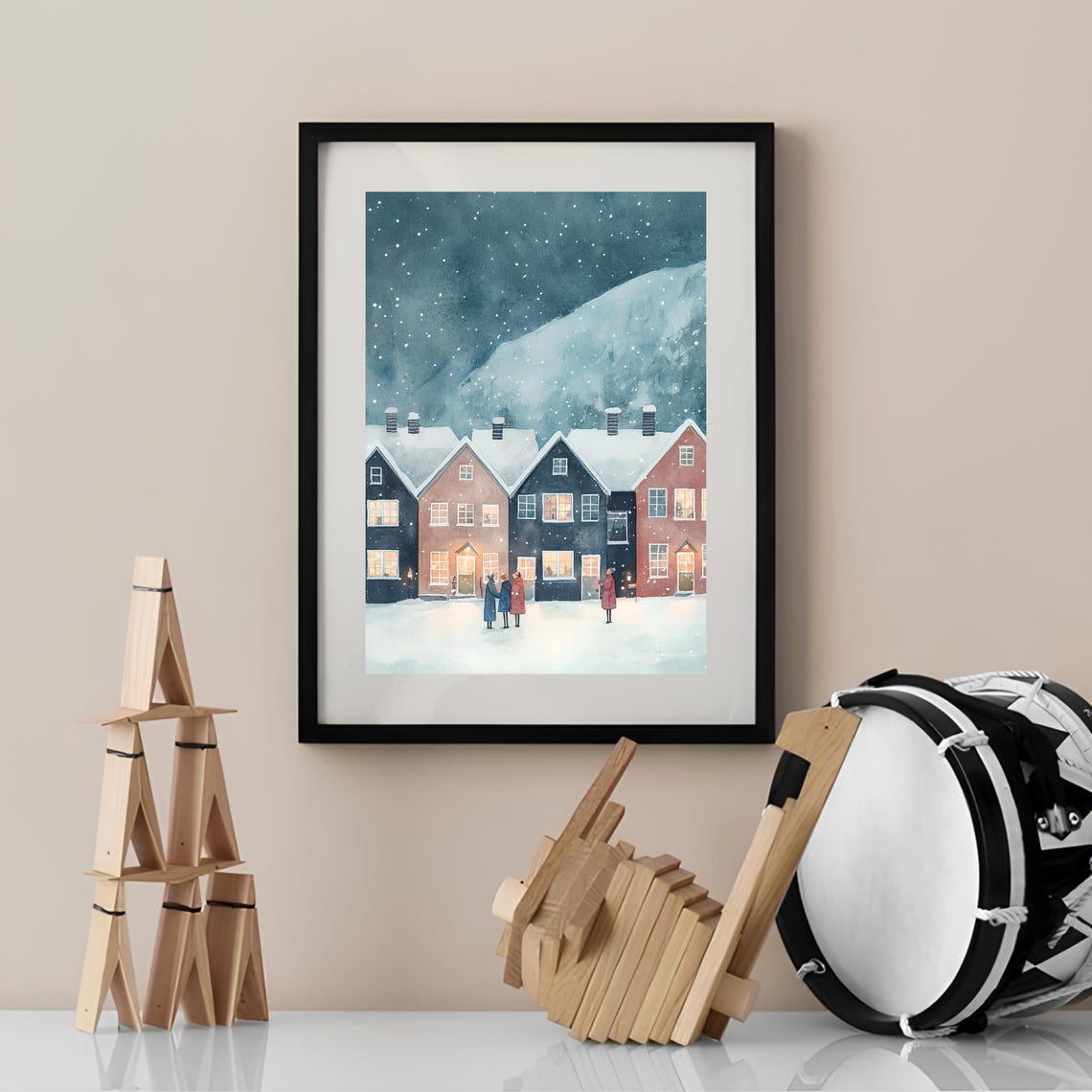 Norway Winter Night Snowfall Lit Houses Moody Scandinavian Poster - Image 2