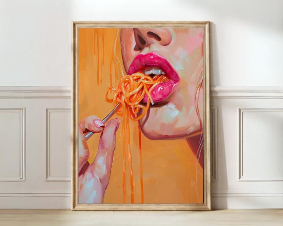 Pasta Print Eclectic Print Maximalist Print Colorful Kitchen Print Funny Food Print Food Poster Pasta Painting Pasta Poster Peach Print Pink