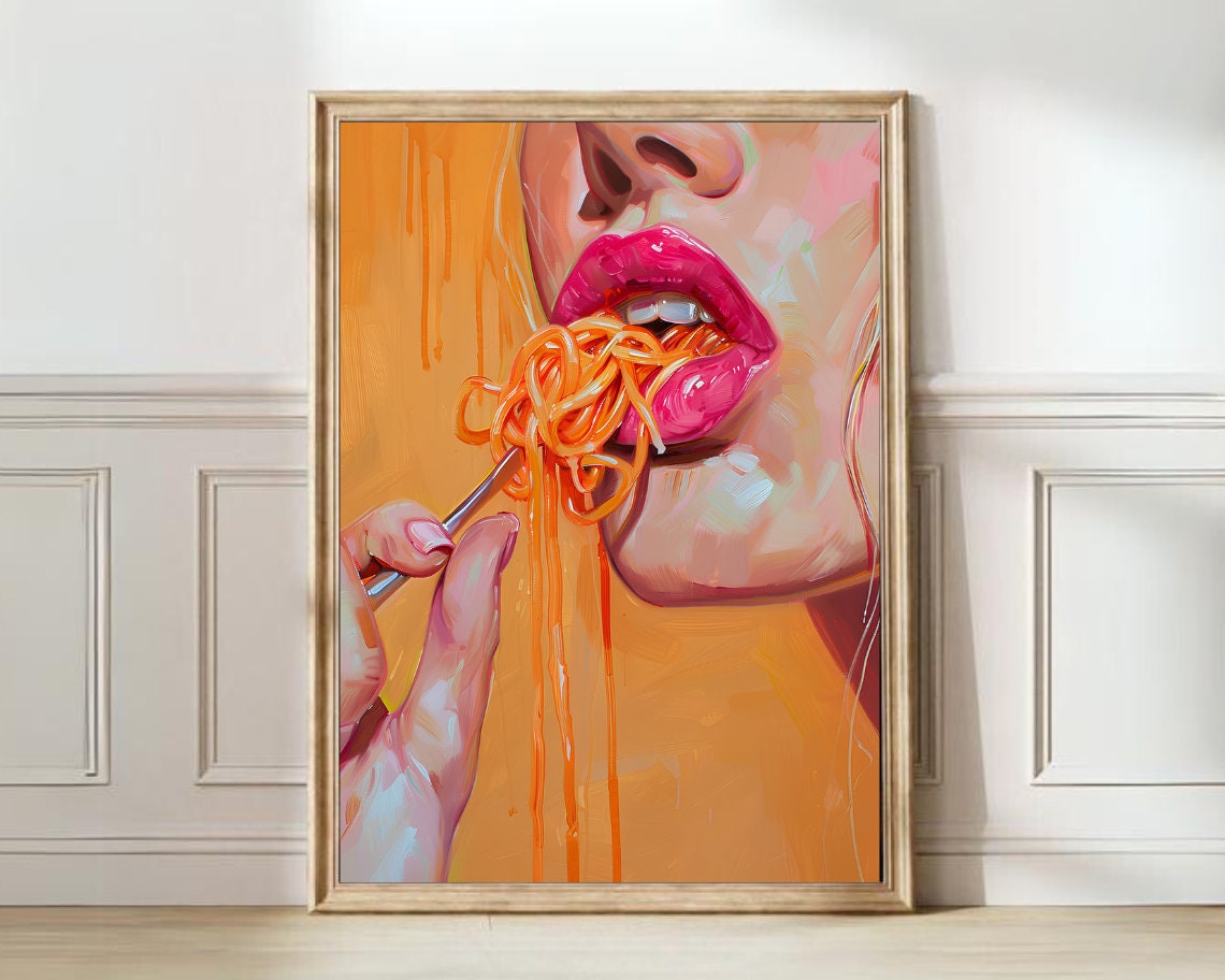 Pink Lips Eating Spaghetti Pop Art Orange Kitchen Food Poster
