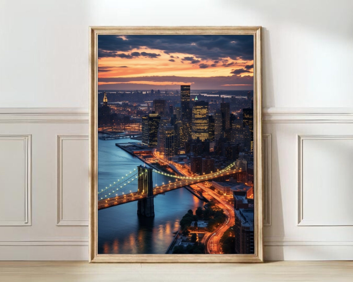 New York Brooklyn Bridge And Skyline At Dusk Photography Poster