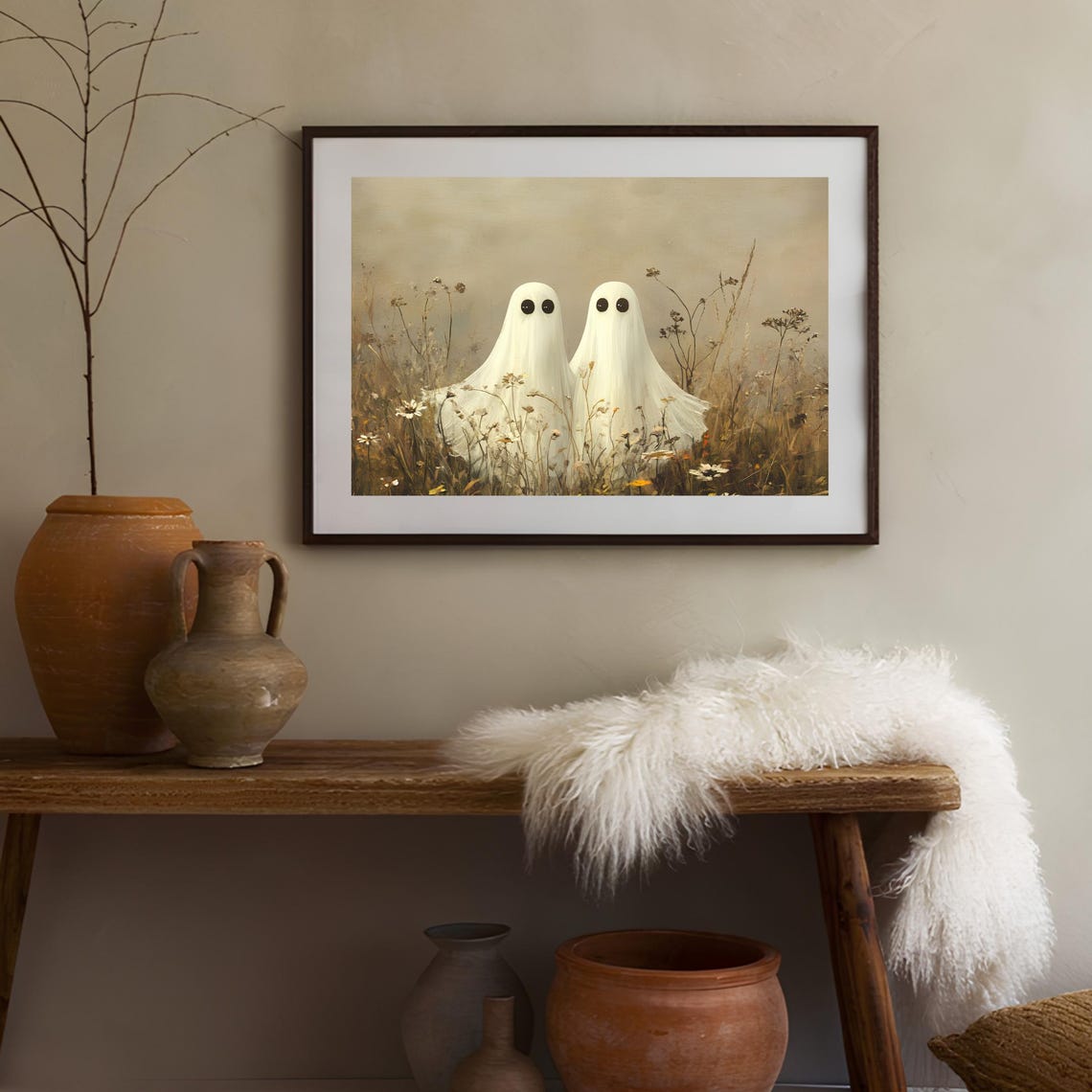 Two Cute Ghosts In Wildflower Meadow Vintage Halloween Poster - Image 2