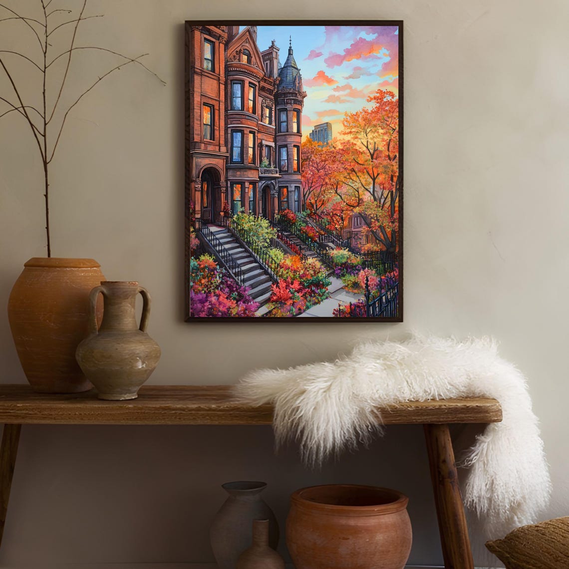 Chicago Brownstones Autumn Sunset Watercolor Fall Foliage Poster - Image 3