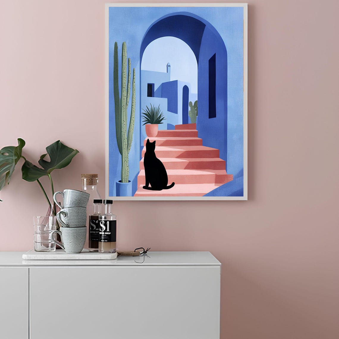 Black Cat On Moroccan Stairs Blue Arch Matisse Style Art Poster - Image 2