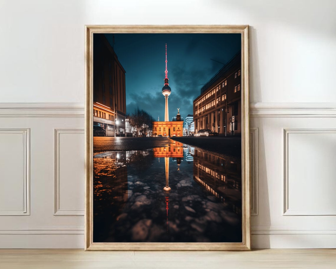 Berlin Germany TV Tower Night Street Reflection Travel Art Poster