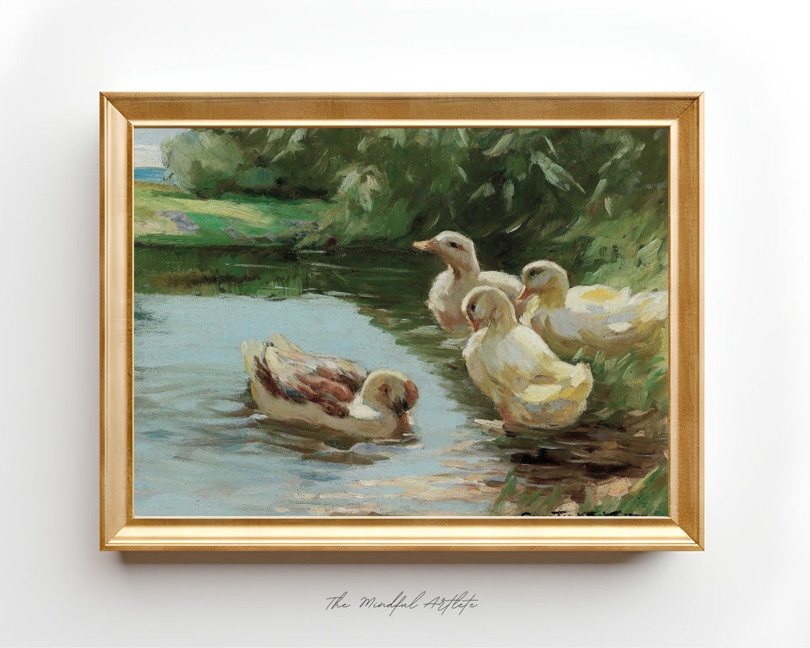 Vintage Bird Painting Ducks Painting Vintage Landscape Painting Meadow Painting Vintage Print Farmhouse Decor Rustic Country Art Print
