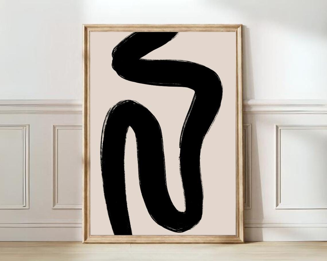Bold Black Brushstroke Curves On Beige Modern Abstract Art Poster
