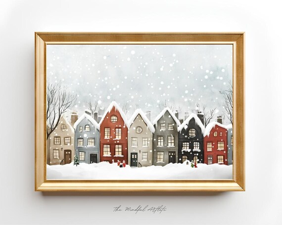 Norway Winter Snowfall Row Houses Scandinavian Village Art Poster