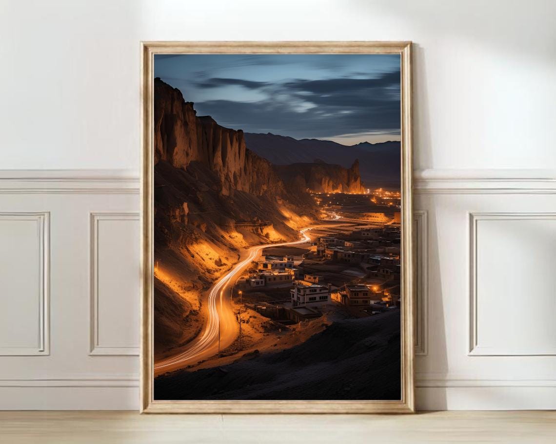 Winding Road Mountain Valley Night Lights Landscape Art Poster
