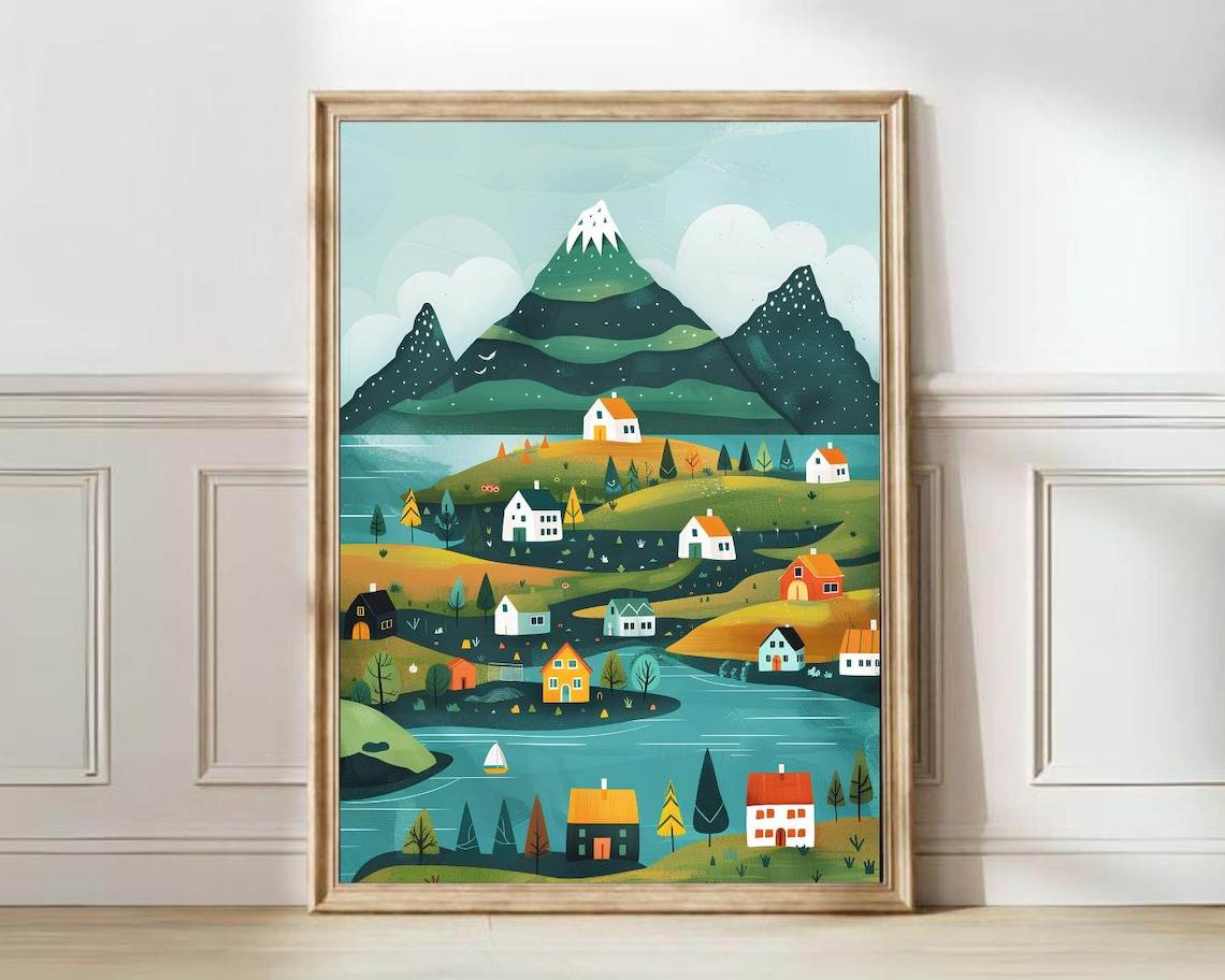 Whimsical Iceland Village With Mountains And Lake Art Poster