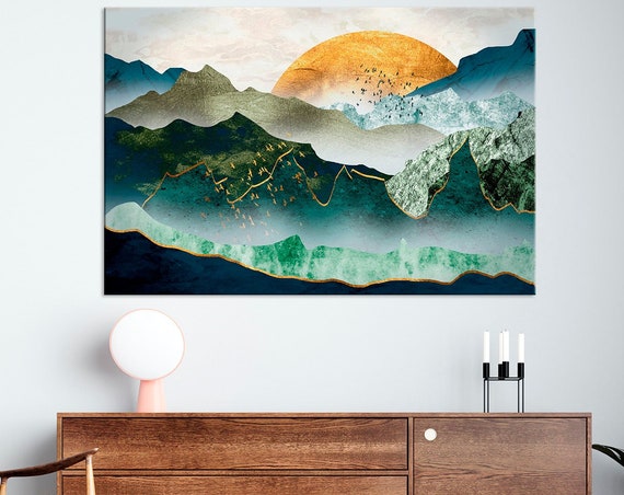 Sun Mountains Print Green Golden Mountains Art Landscape Sunset Abstract Mountains Print Extra Large Office Wall Art
