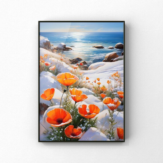 Orange Poppies on Snowy Beach Coast Winter Scene Painting Poster