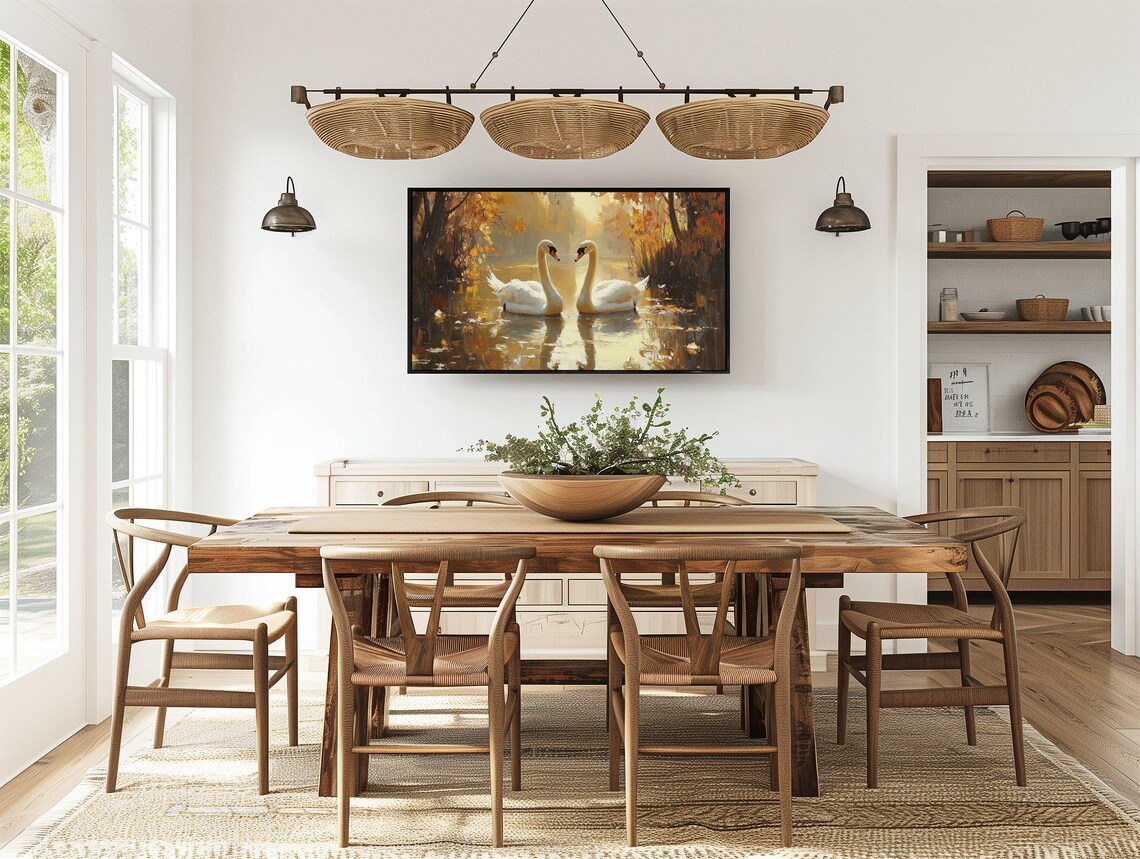 Two Swans Heart Shape Autumn Lake Golden Romance Painting Wall Art - Image 2