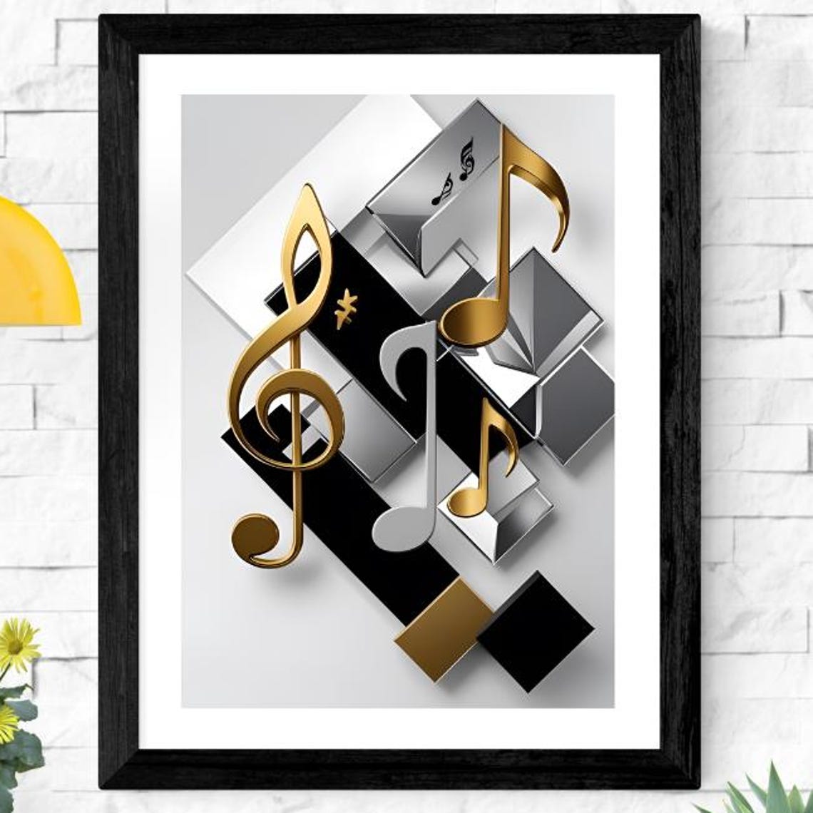 Gold and Silver 3D Treble Clef Poster with Bold Diagonal Geometry