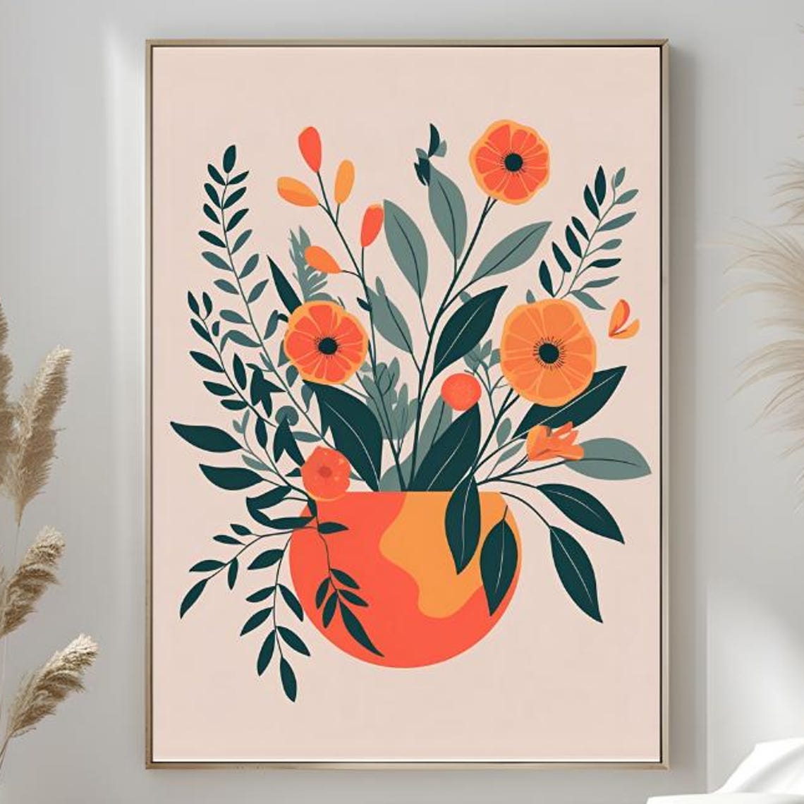 Orange Flower Bouquet Vase Botanical Boho Modern Floral Art Poster