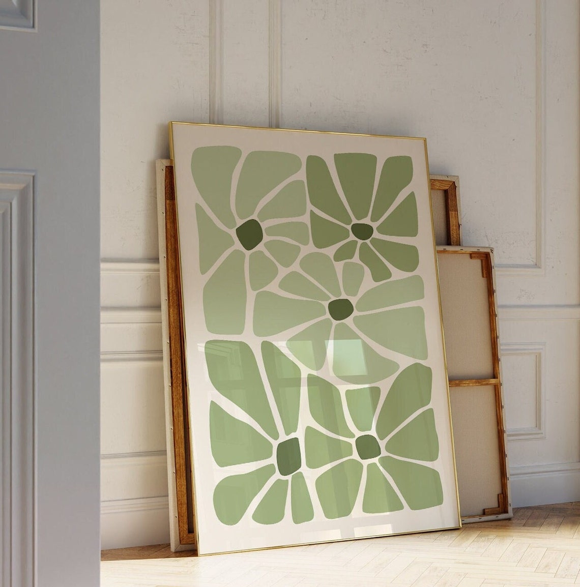 Sage Green Abstract Floral Botanical Mid Century Modern Wall Art