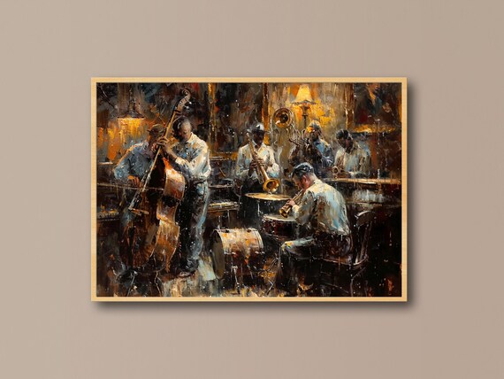 Jazz Band Performing in a Dimly Lit Rustic Bar Oil Painting Poster