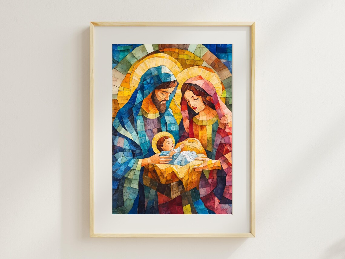 Stained Glass Nativity Print, Holy Family Christmas