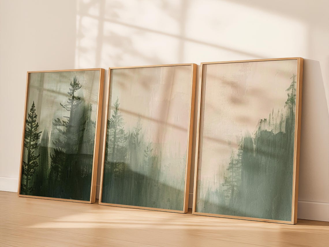 Sage Green Forest Trees Triptych Set Abstract Japandi Wall Art