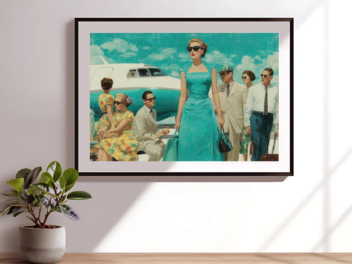 Retro Jet Age Airport Fashion Crowd Vintage Travel Scene Poster