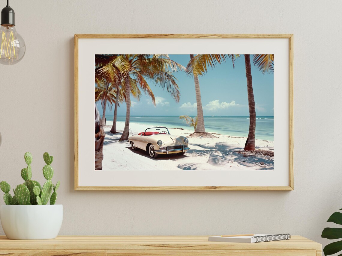Vintage Convertible On Tropical Beach Palm Trees Retro Poster