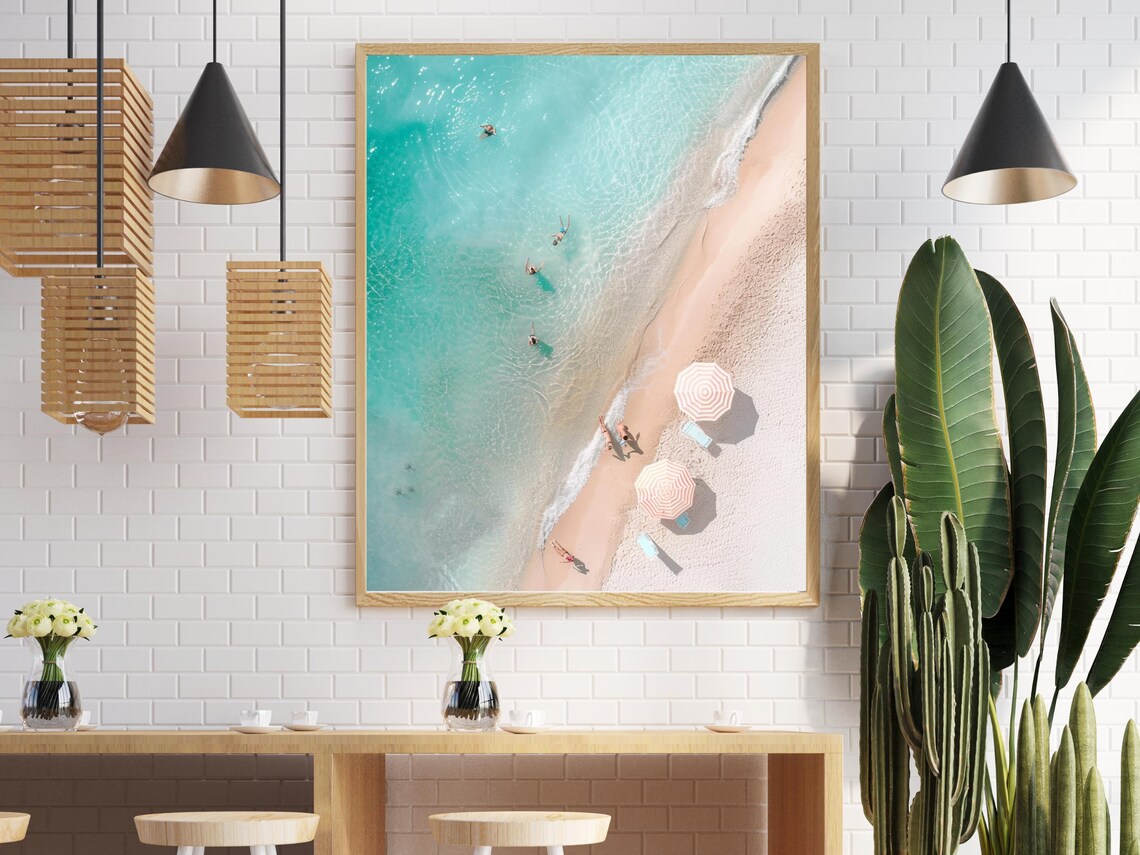 Aerial View of Pink Beach with Umbrellas Coastal Photo Poster