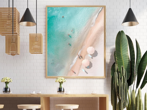 Aerial View of Pink Beach with Umbrellas Coastal Photo Poster