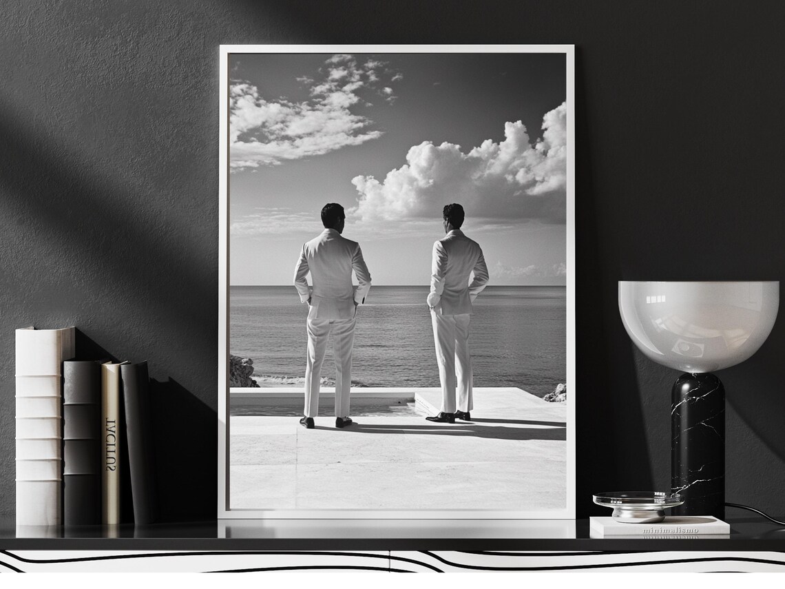 Two Men by the Ocean Black White Masculine Seascape Art Poster