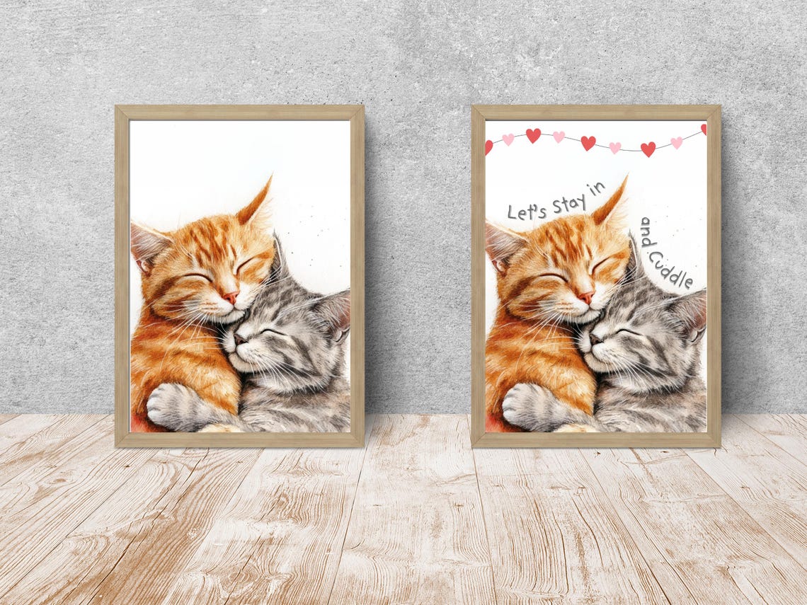 Cuddling Tabby Cats Lets Stay in and Cuddle Watercolor Print