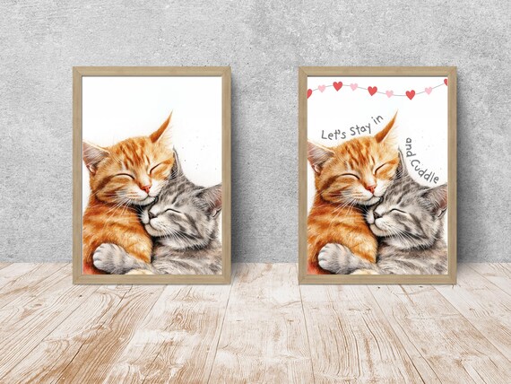 Cuddling Tabby Cats Lets Stay in and Cuddle Watercolor Print