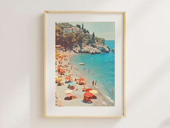 Vintage European Beach Cove Crowded with Colorful Umbrellas Print