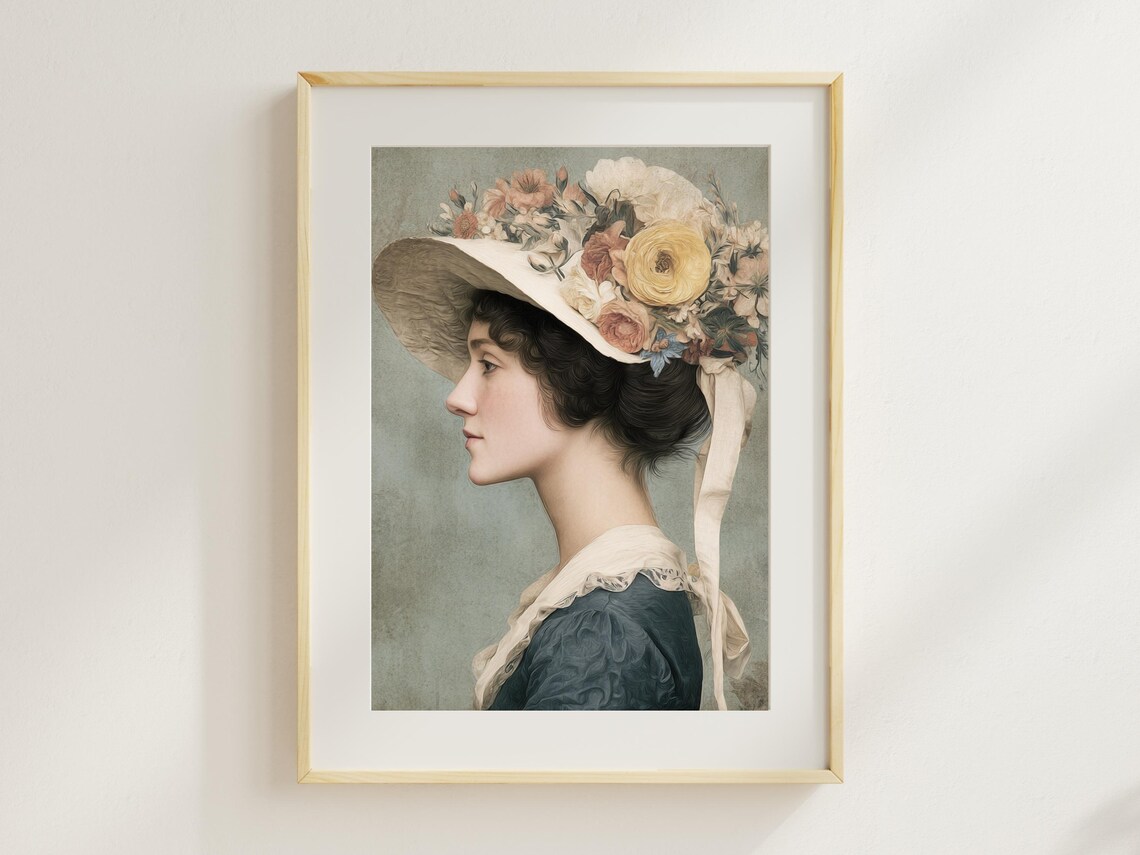 Vintage Woman Profile Floral Hat Portrait Classic Elegant Poster