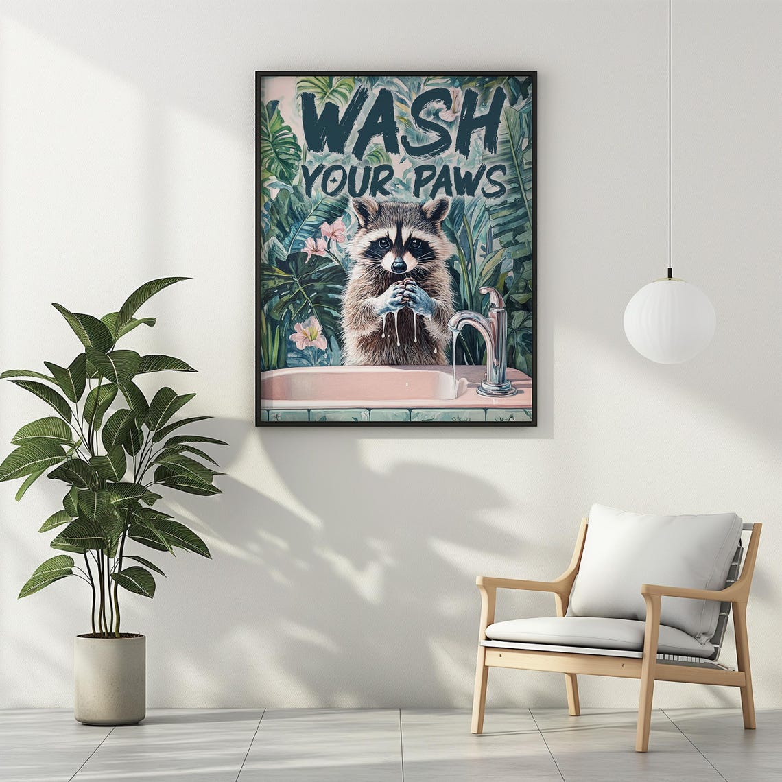 Wash Your Paws Soapy Raccoon at Sink Tropical Floral Art Poster - Image 2