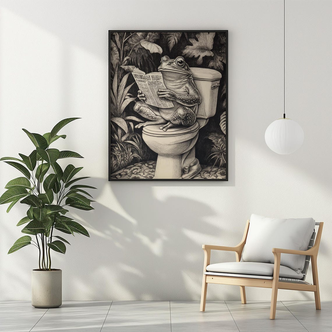 Old Engraving Toad on Toilet With Newspaper Monochrome Jungle Poster - Image 3