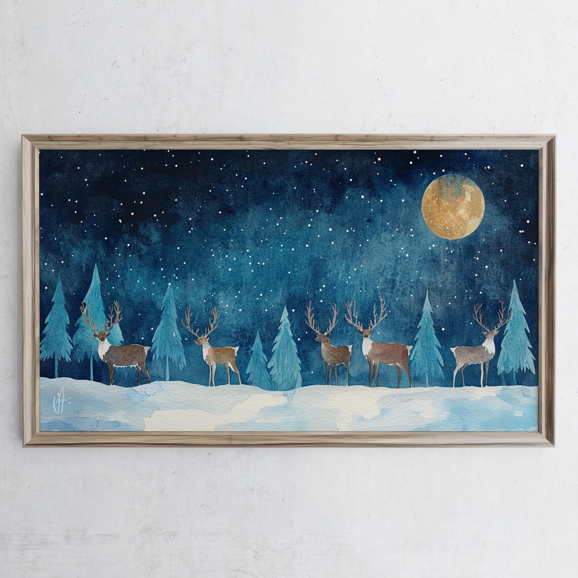 Christmas Reindeer Frame Tv Art Reindeers Snowy Landscape Minimalist Watercolor Painting Winter Farmhouse Holiday Xmas - Image 2