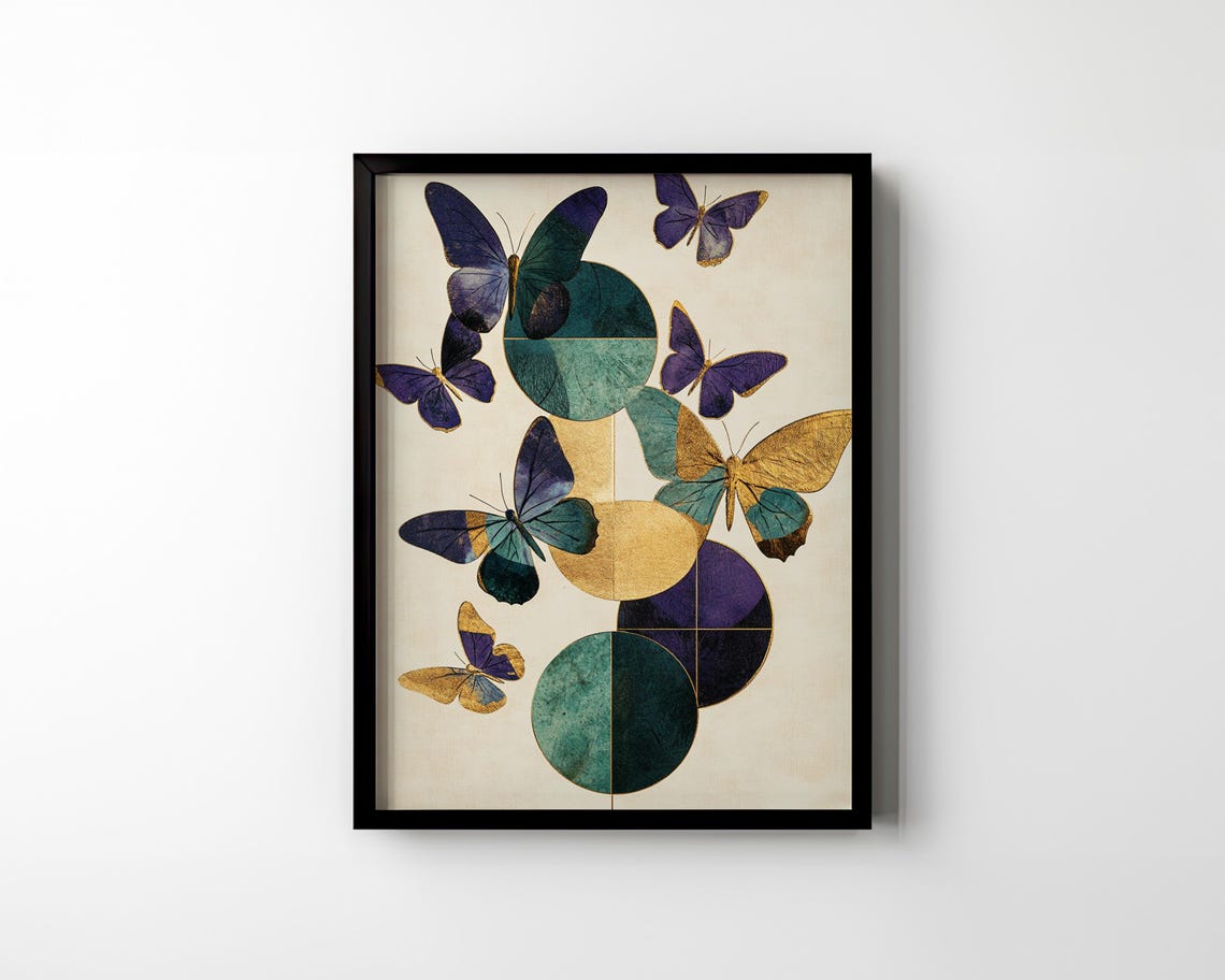 Colorful Butterflies and Golden Circles Modern Botanical Poster - Image 2