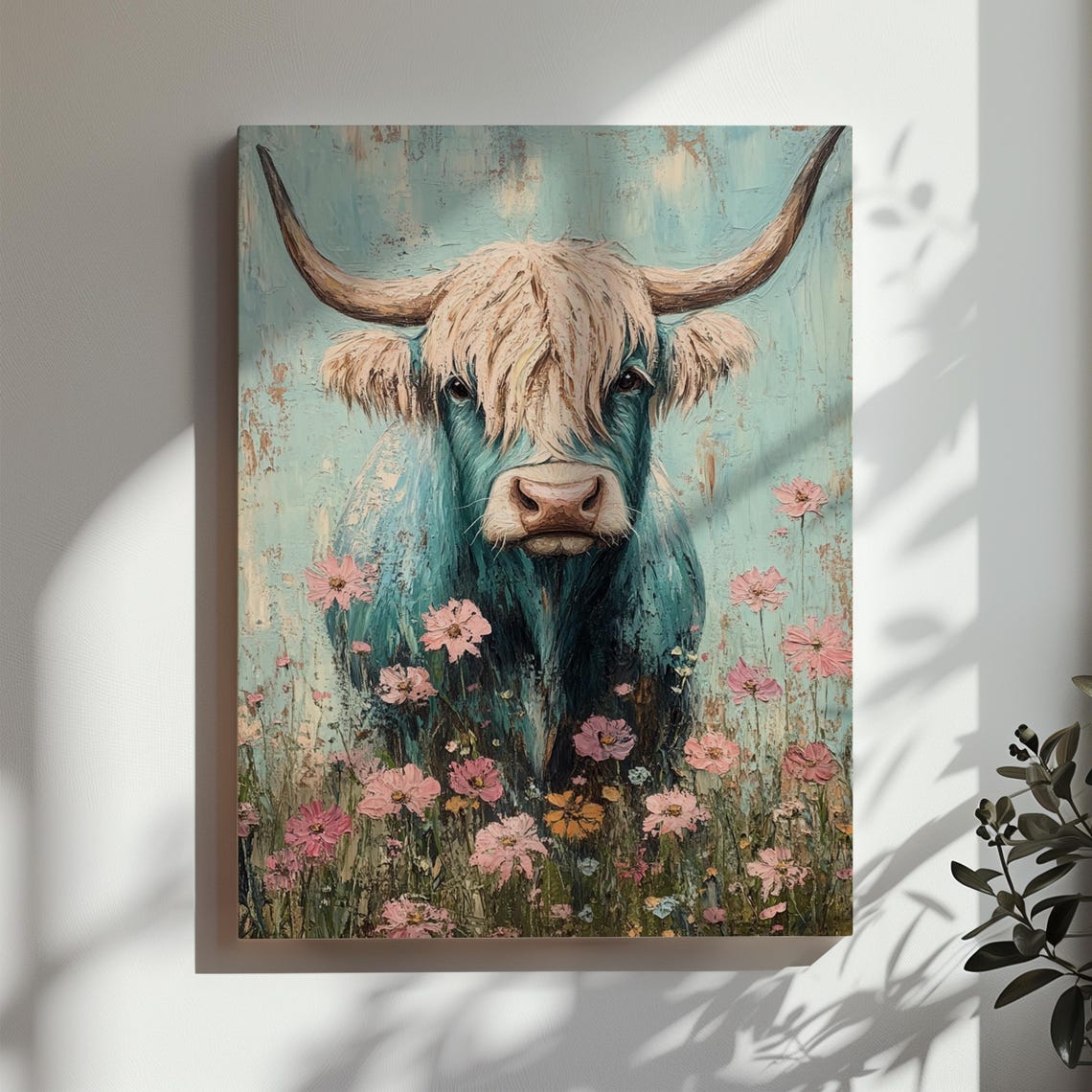 Teal Highland Cow in Pink Cosmos Flower Field Painterly Poster - Image 3