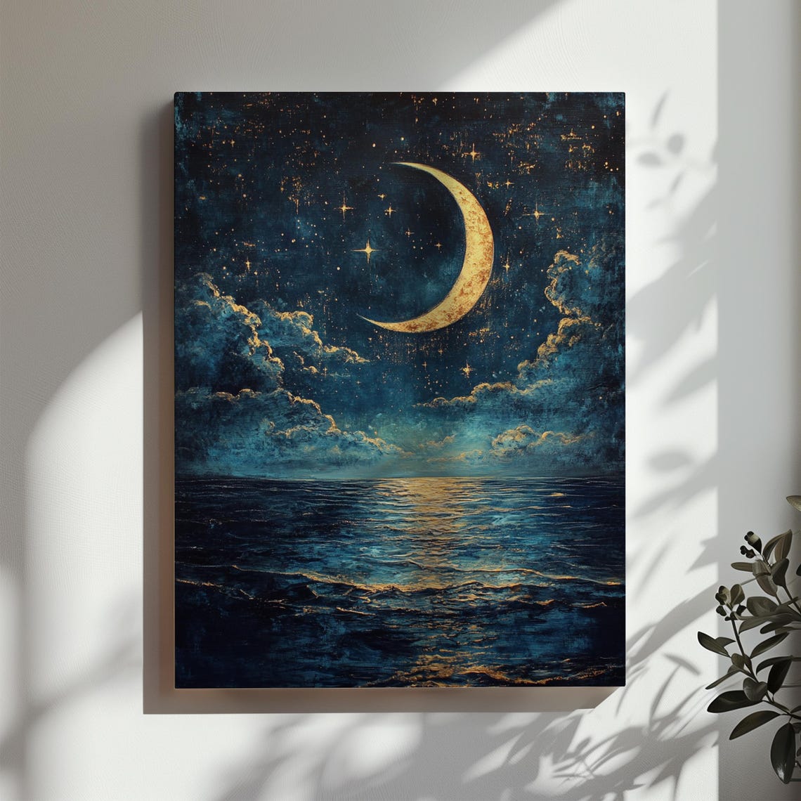 Golden Crescent Moon Rising Over Ocean Clouds Starry Wall Art - Image 3