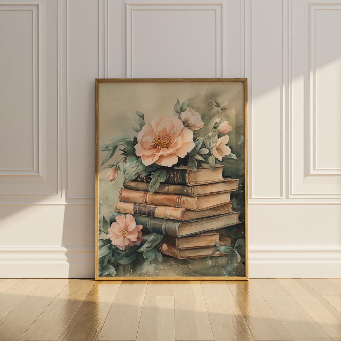 Watercolor Old Book Stack With Blush Peonies Romantic Library Poster - Image 2