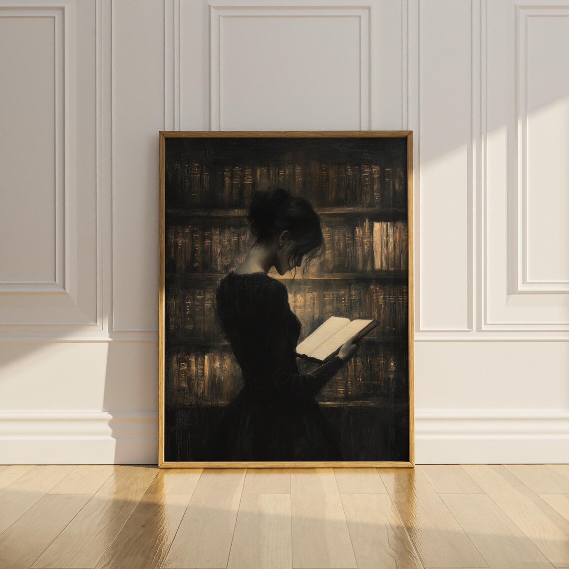 Woman Reading in Dark Library Moody Vintage Oil Painting Wall Poster - Image 2
