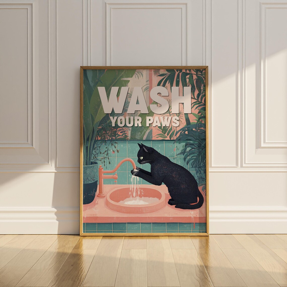 Wash Your Paws Black Cat Washing Paws at Sink Tropical Art Poster - Image 3