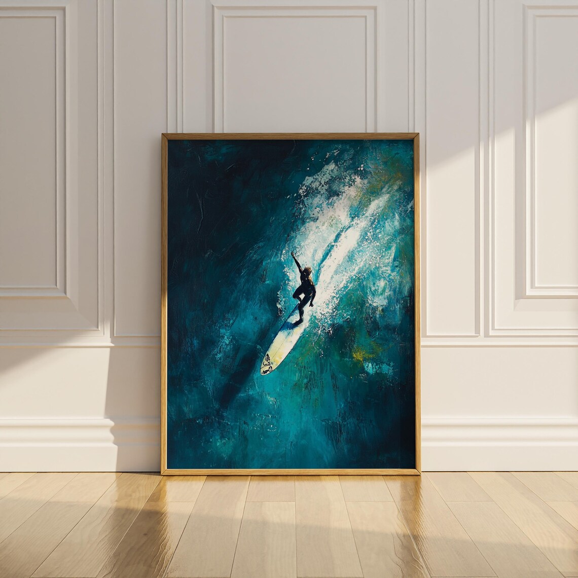 Surfer Riding Giant Wave Aerial Ocean Painting Deep Blue Poster - Image 2
