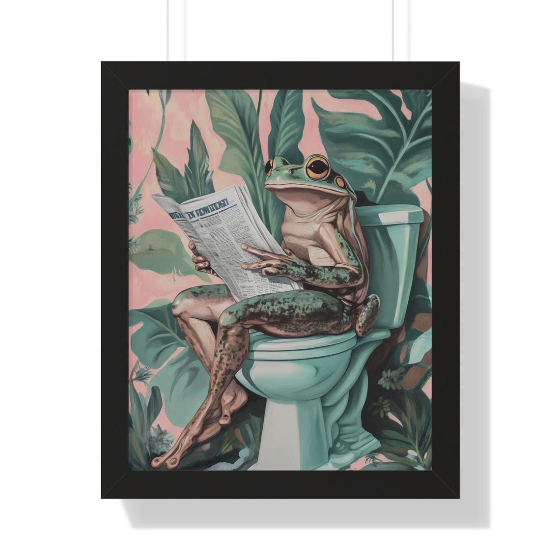 Playful Frog on Turquoise Toilet Newspaper Blush Pink Bathroom Poster - Image 3