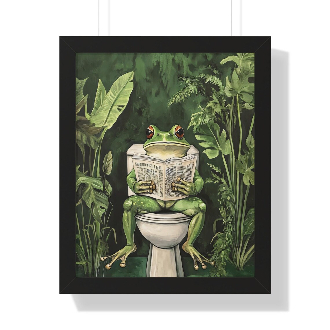 Green Frog With Big Red Eyes on Toilet Newspaper Dark Jungle Poster - Image 3