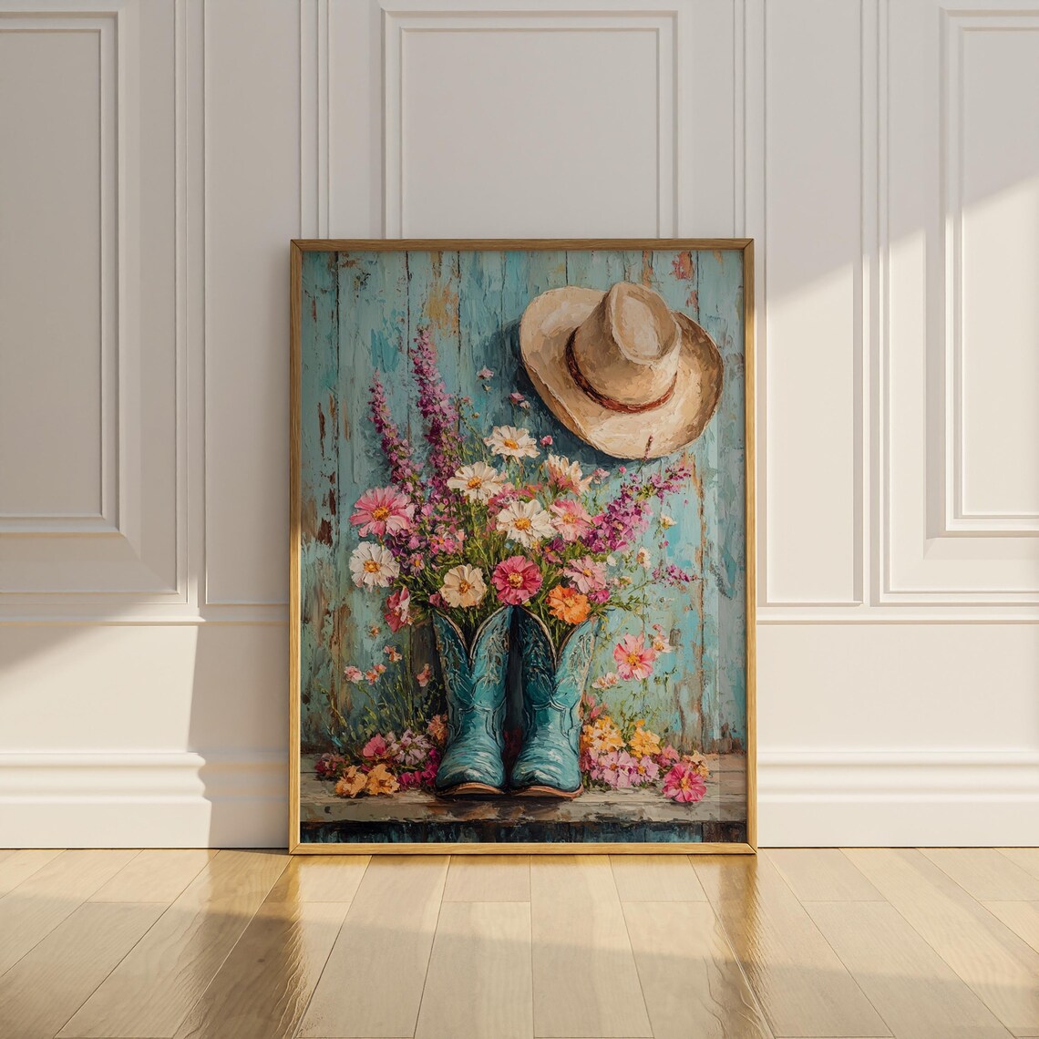Teal Cowboy Boots Flower Vase with Cowboy Hat Western Art Poster - Image 2