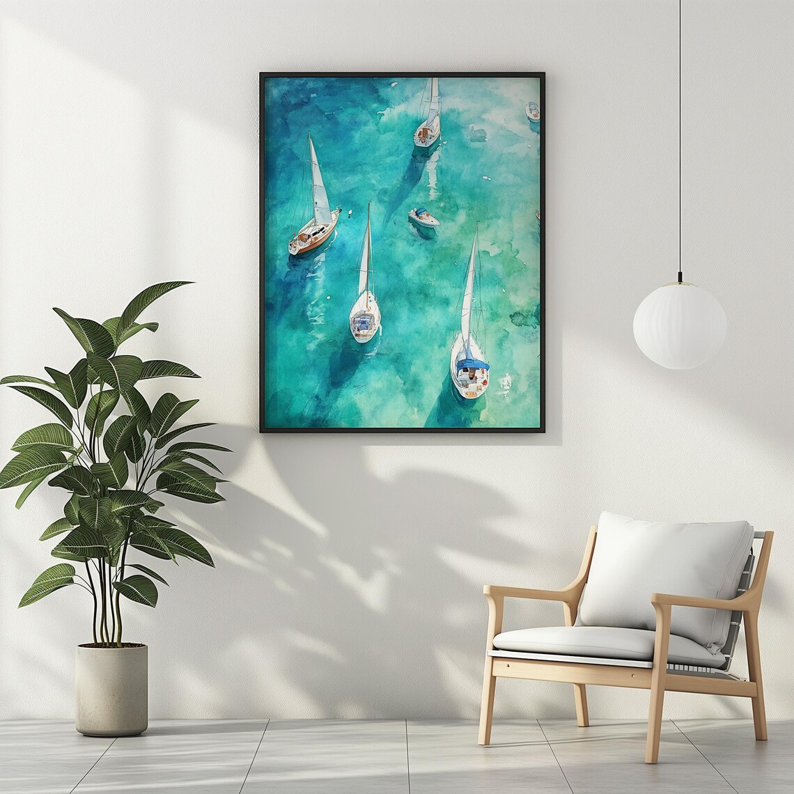 Sailboats on Turquoise Water Aerial View Watercolor Coastal Poster - Image 3