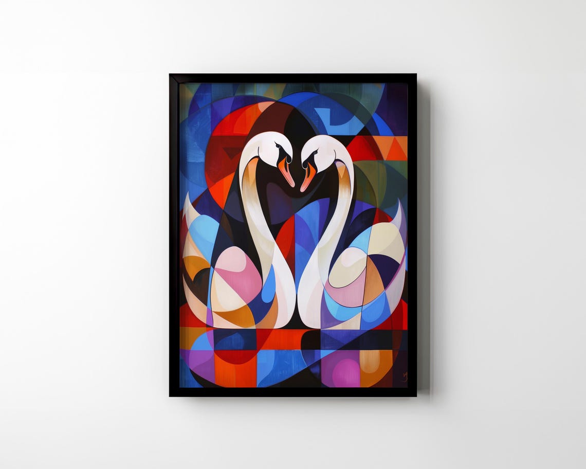 Two White Swans Forming a Heart in Colorful Cubist Mosaic Poster - Image 2